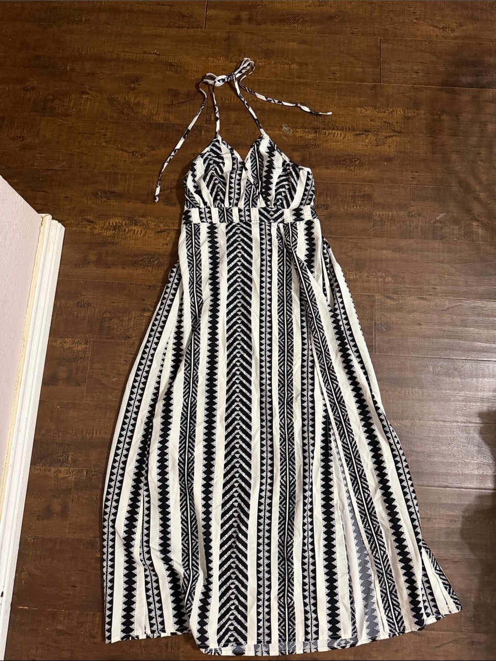 Black & White Halter Maxi Dress - Elegant Striped Print